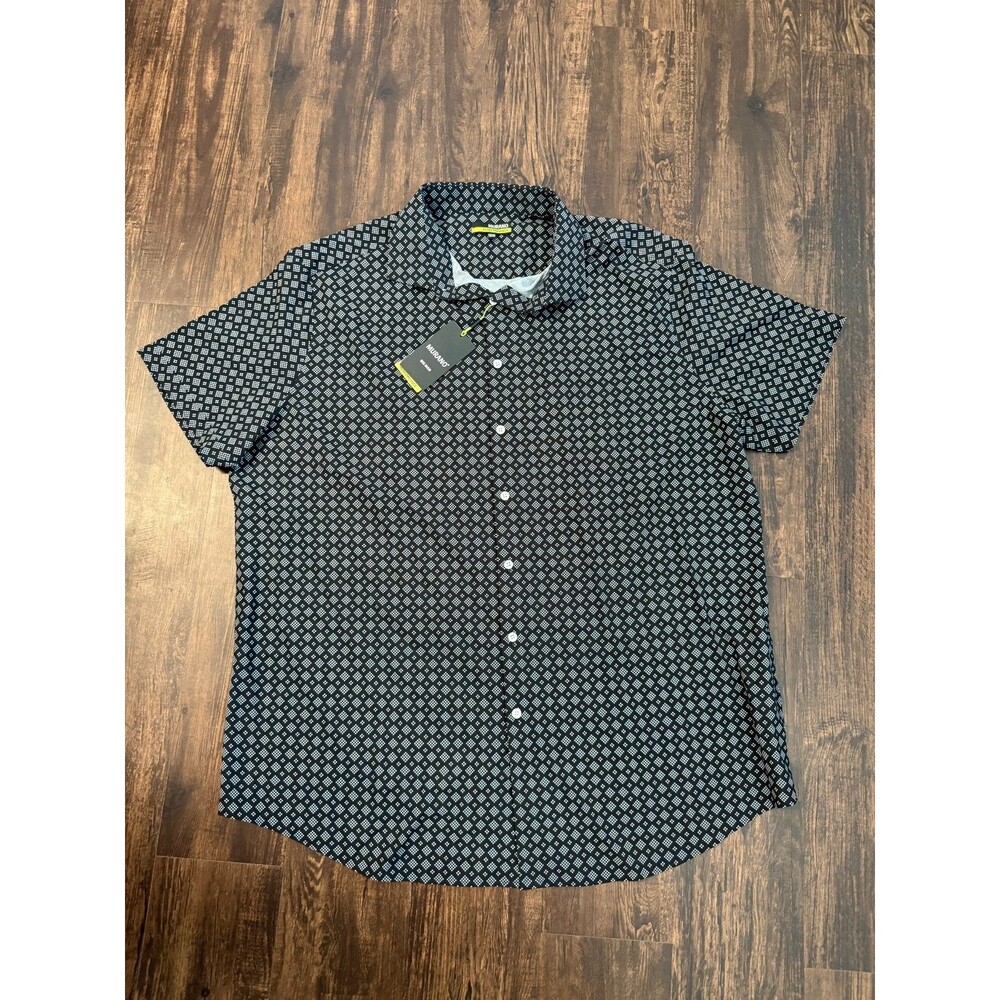 Murano Performance Fit Shirt Mens 2XB Geometric Button Up Black SOSLASASES